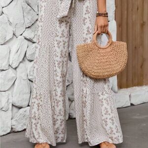SHEIN Beige Patterned Wide-Leg Pants